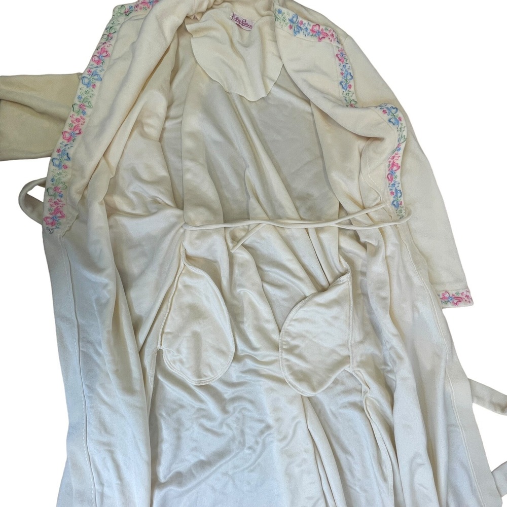 Vtg Evelyn Pearson Lounge Robe Women M Ivory Embroidered Trim Soft 44" Wide Back - Picture 5 of 11